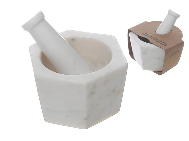 MARBLE HEXAGON MORTAR &amp; PESTLE "WHITE"