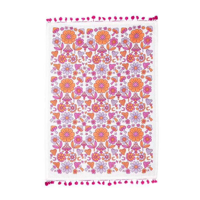 GROOVY MUSHROOMS KITCHEN TOWEL WITH POMPOM FRINGE 20X28L