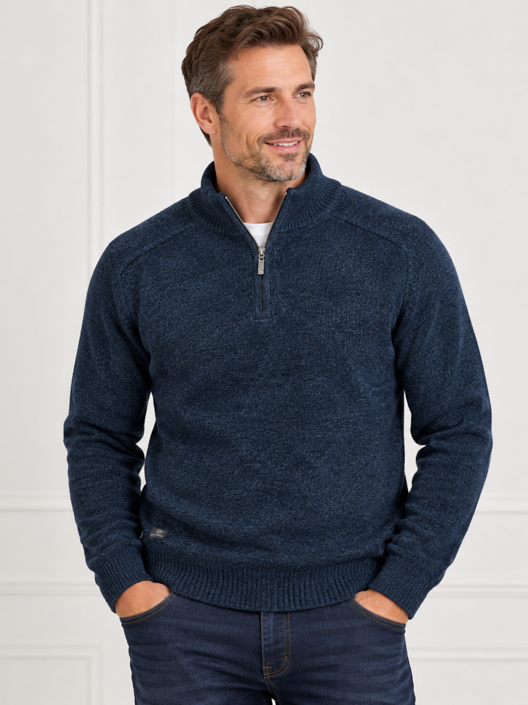BONDED MOCK-NECK FLEECE-LINED 1/4 ZIP CHENILLE SWEATER "NAVAL"