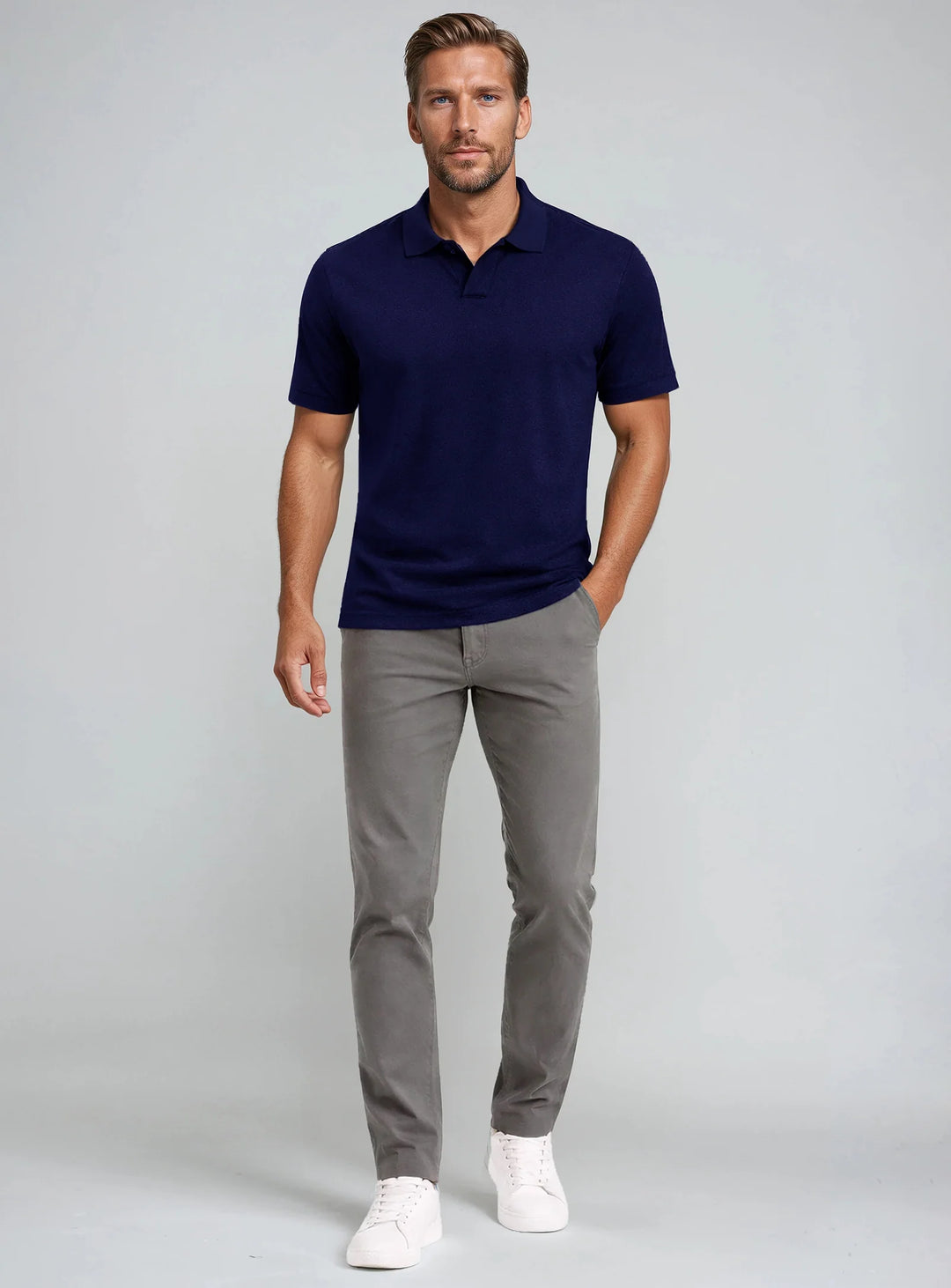 JAXON - SEMI-FIT STRETCH JOHNNY COLLAR T-SHIRT "NAVY"