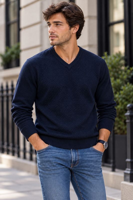 CASHMERE-LIKE KNIT FRONT V-NECK SWEATER "NAVY"