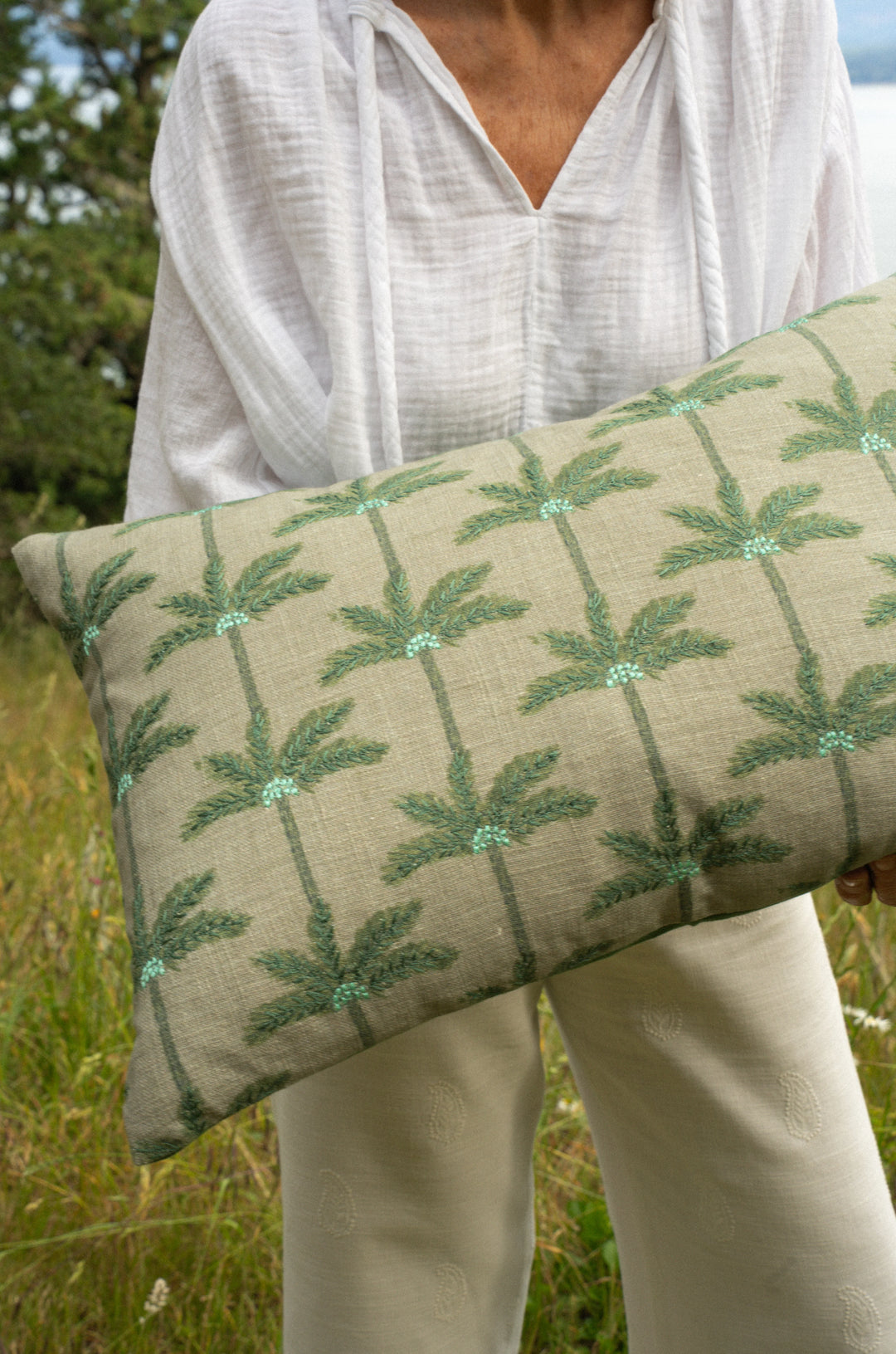 EMBROIDERED PALMS PILLOW - 16X24