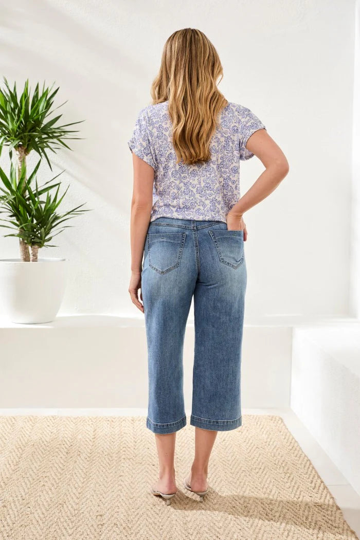 AUDREY BUTTON-FLY WIDE CROP DENIM JEANS "PEBBLEBLUE"
