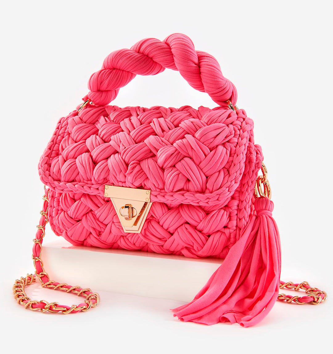 WOVEN HANDBAG WITH TASSEL "HOT PINK"
