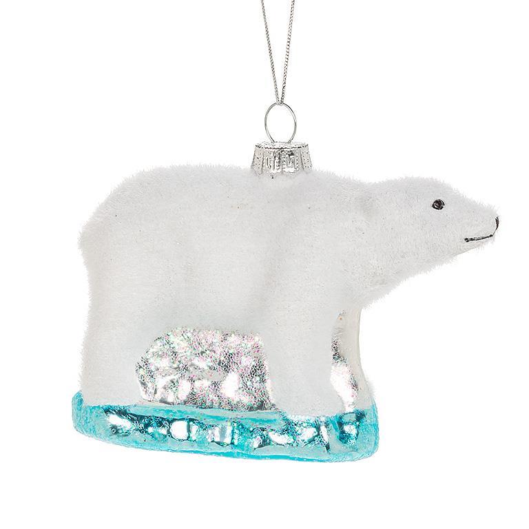 FLOCKED POLAR BEAR ORNAMENT - 4.5''L