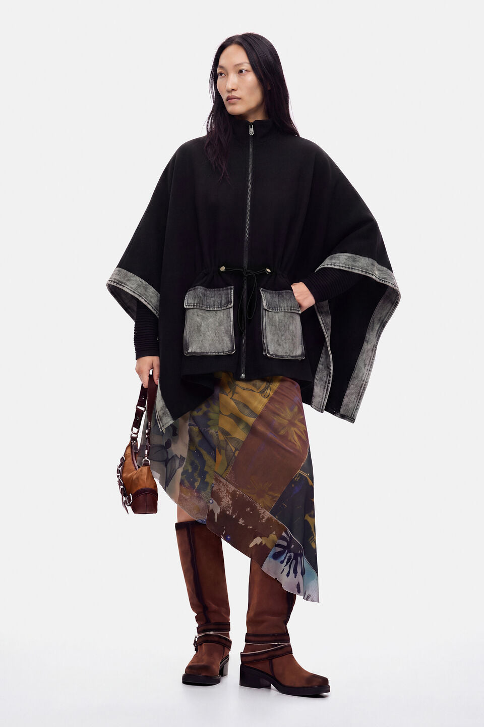 ALDAMA CONTRAST DENIM PONCHO "GREY"