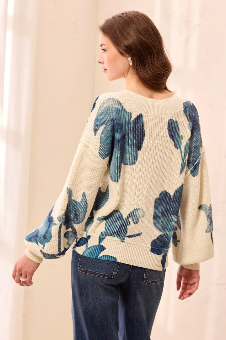 DROP SHOULDER V-NECK PUFF-SLEEVE PRINTED SWEATER "CREAM"