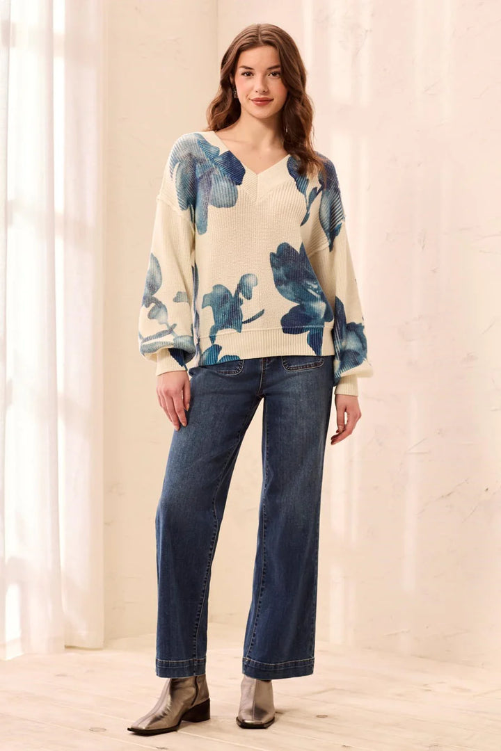 DROP SHOULDER V-NECK PUFF-SLEEVE PRINTED SWEATER "CREAM"