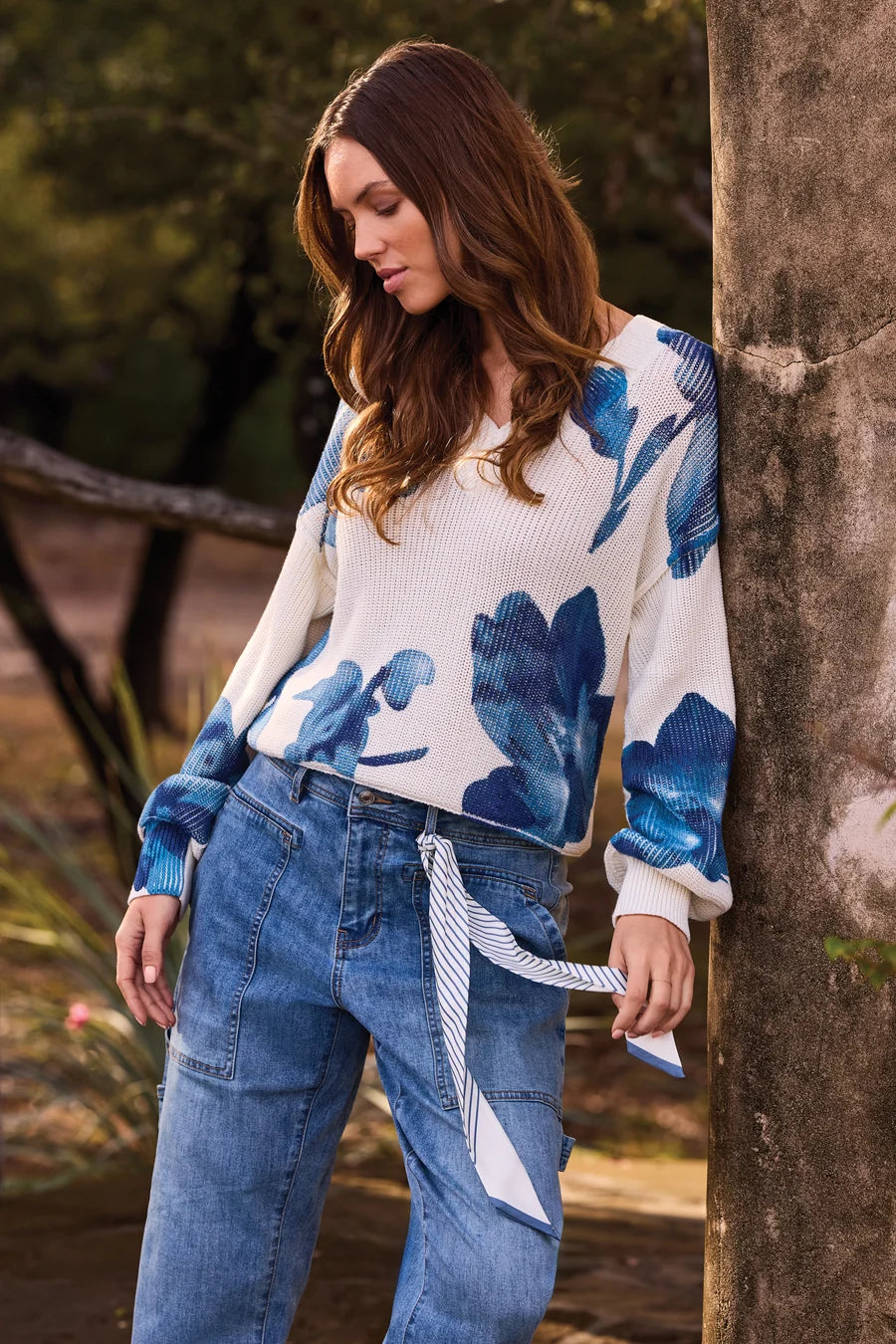 DROP SHOULDER V-NECK PUFF-SLEEVE PRINTED SWEATER "CREAM"
