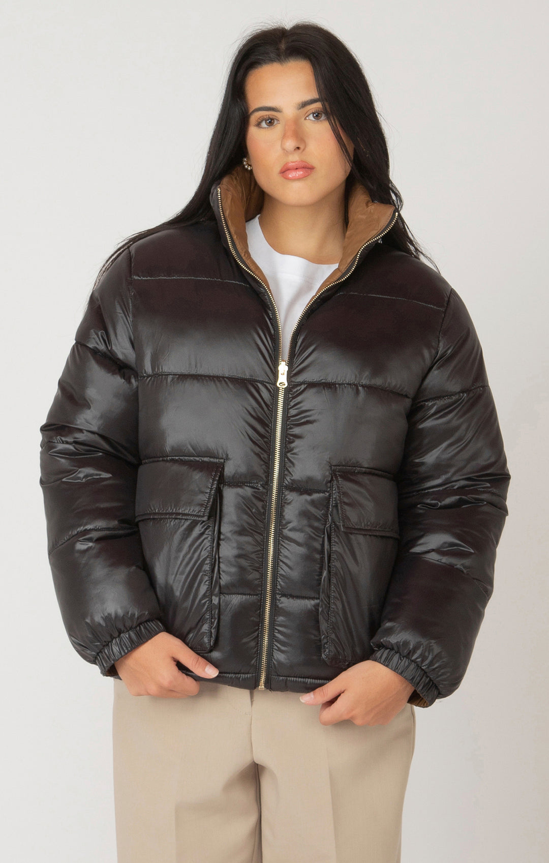 REVERSIBLE PUFFER JACKET "BLACK/CARAMEL"