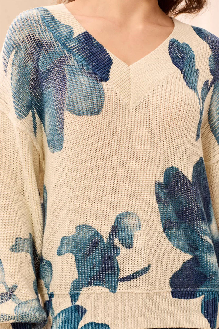 DROP SHOULDER V-NECK PUFF-SLEEVE PRINTED SWEATER "CREAM"