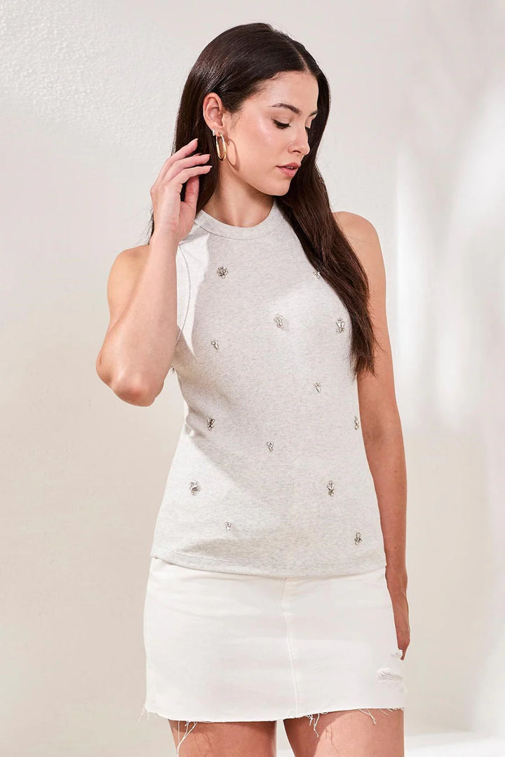 BLUE THREAD RACER BACK EMBELLISHED TANK TOP "LIGHT GREY MIX"