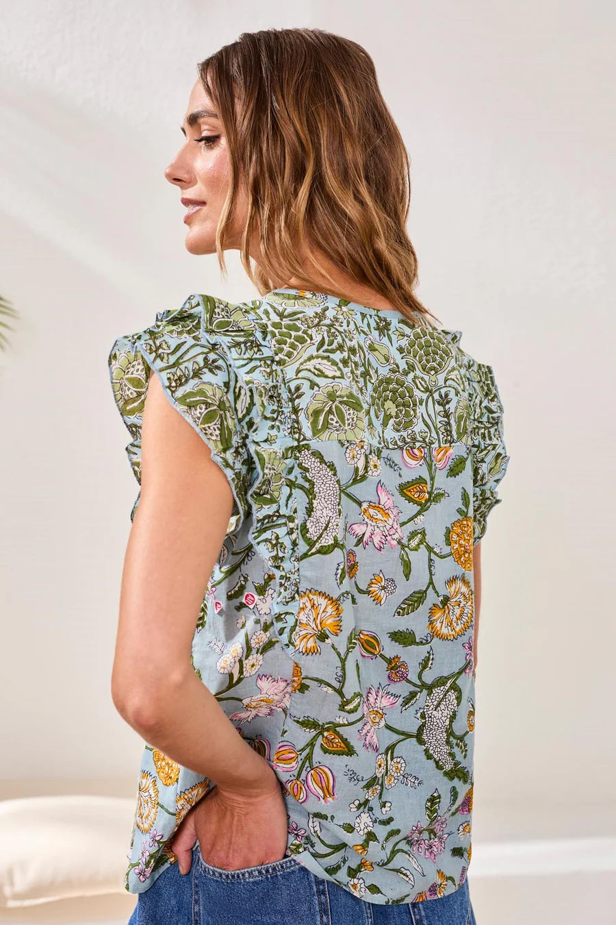 POPLIN NOVELTY BLOUSE WITH FRILL CAP SLEEVES "RAINFOREST"