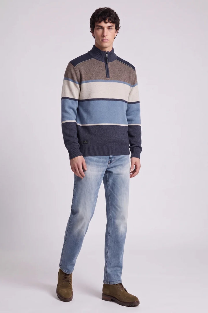 REINALD - BONDED MOCK ZIP SWEATER WITH STRIPE KNIT "NAVY"