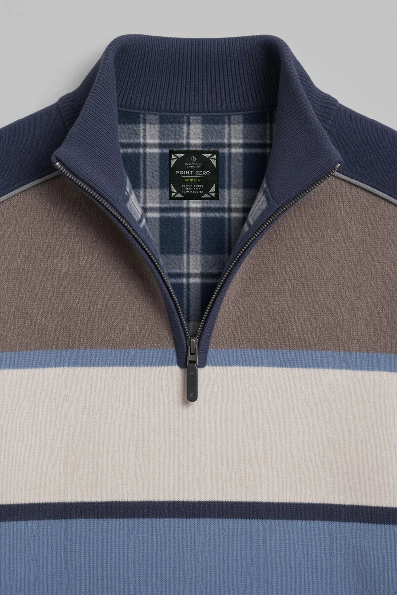 REINALD - BONDED MOCK ZIP SWEATER WITH STRIPE KNIT "NAVY"