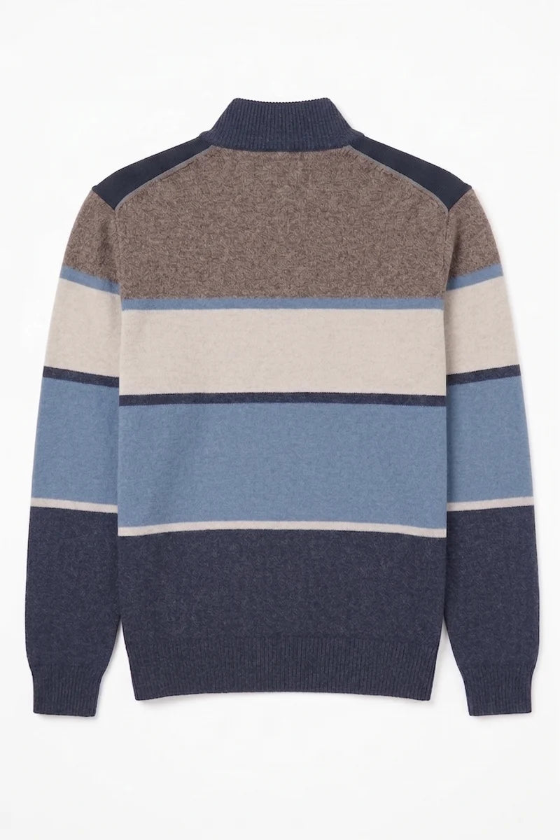 REINALD - BONDED MOCK ZIP SWEATER WITH STRIPE KNIT "NAVY"
