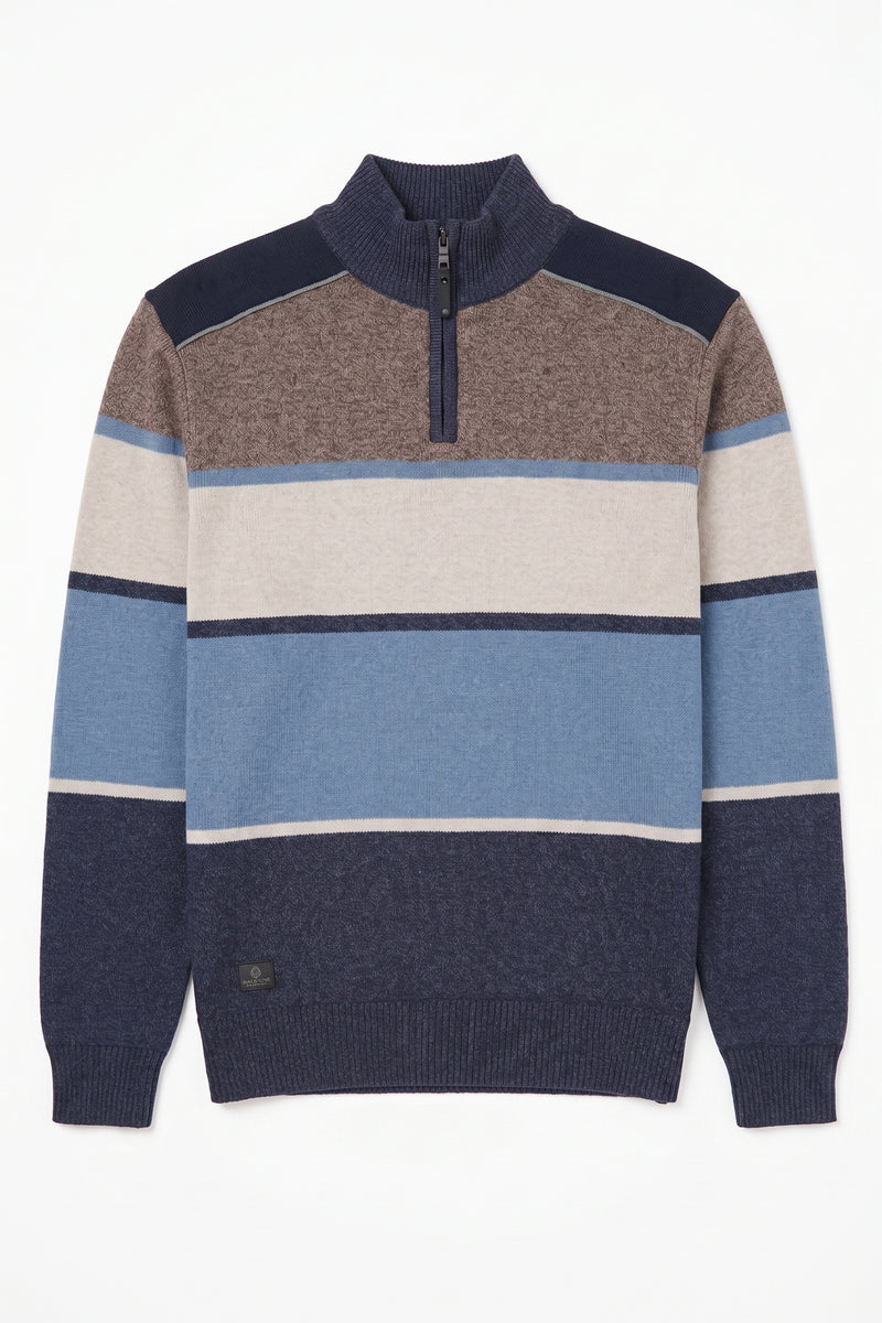 REINALD - BONDED MOCK ZIP SWEATER WITH STRIPE KNIT "NAVY"