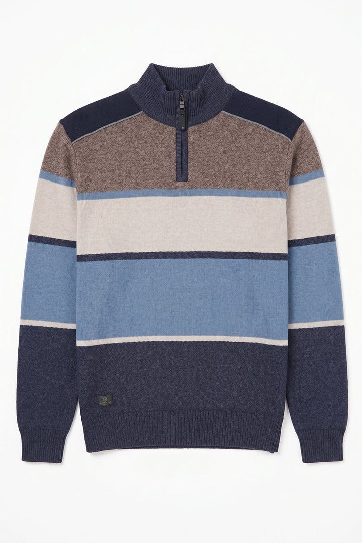 REINALD - BONDED MOCK ZIP SWEATER WITH STRIPE KNIT "NAVY"