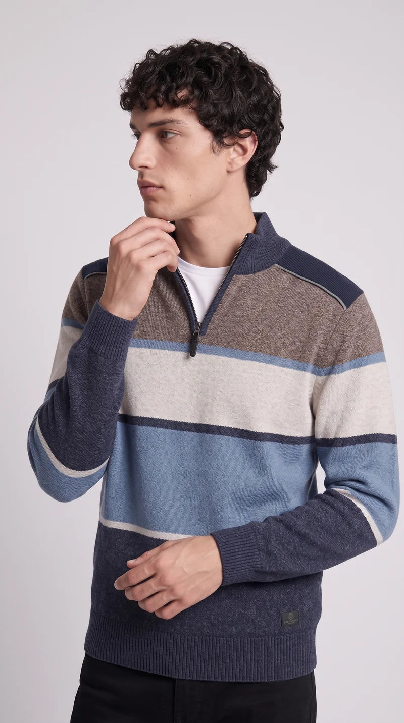 REINALD - BONDED MOCK ZIP SWEATER WITH STRIPE KNIT "NAVY"