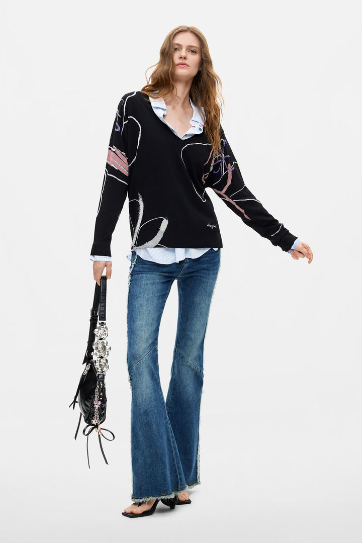 FINE KNIT PRINTED SWEATER "BLACK"