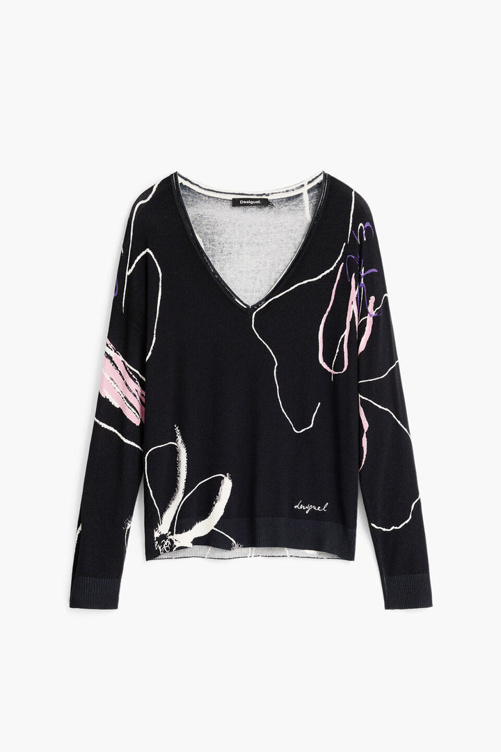 FINE KNIT PRINTED SWEATER "BLACK"