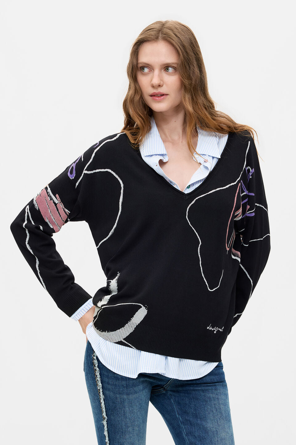 FINE KNIT PRINTED SWEATER "BLACK"