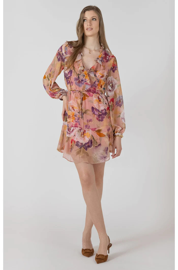 RUFFLE DETAIL BELTED MINI DRESS "FLORAL MEDLEY"