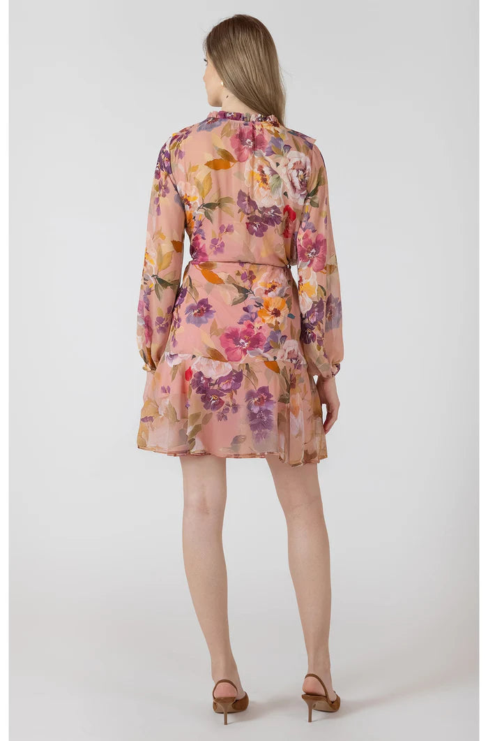 RUFFLE DETAIL BELTED MINI DRESS "FLORAL MEDLEY"