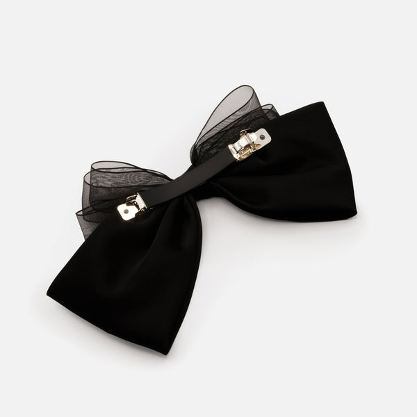 BLACK SATIN AND ORGANZA BOW CLIP