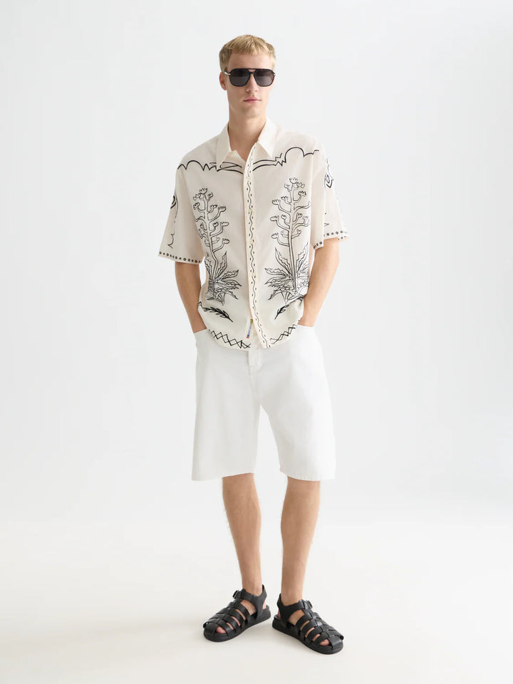 EMBROIDERED SEERSUCKER RELAXED SHORT SLEEVE SHIRT "EGGNOG"