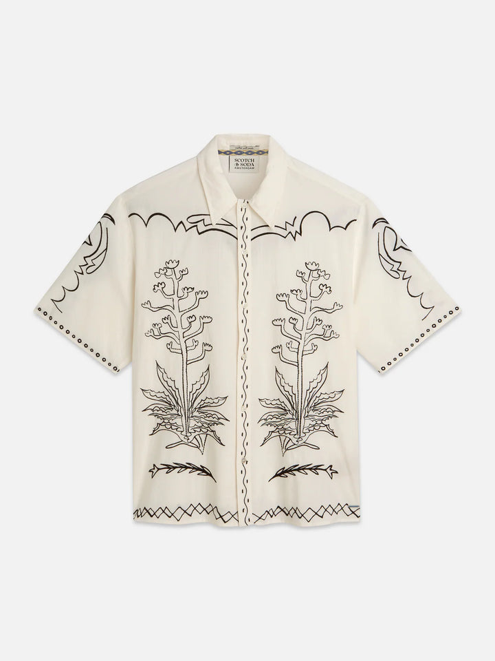 EMBROIDERED SEERSUCKER RELAXED SHORT SLEEVE SHIRT "EGGNOG"