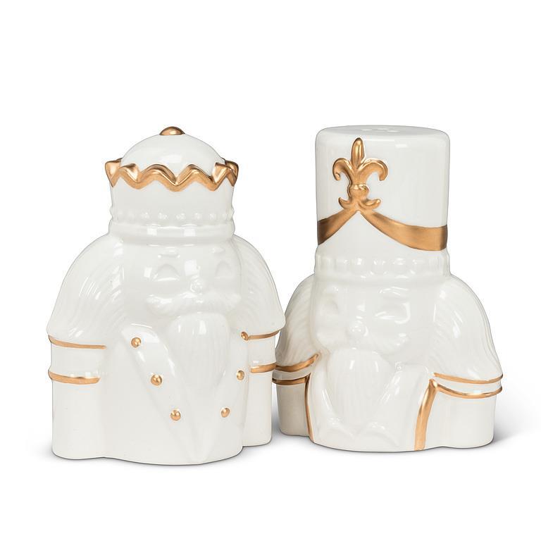 NUTCRACKER SALT & PEPPER SHAKERS - WHITE/GOLD 3''H