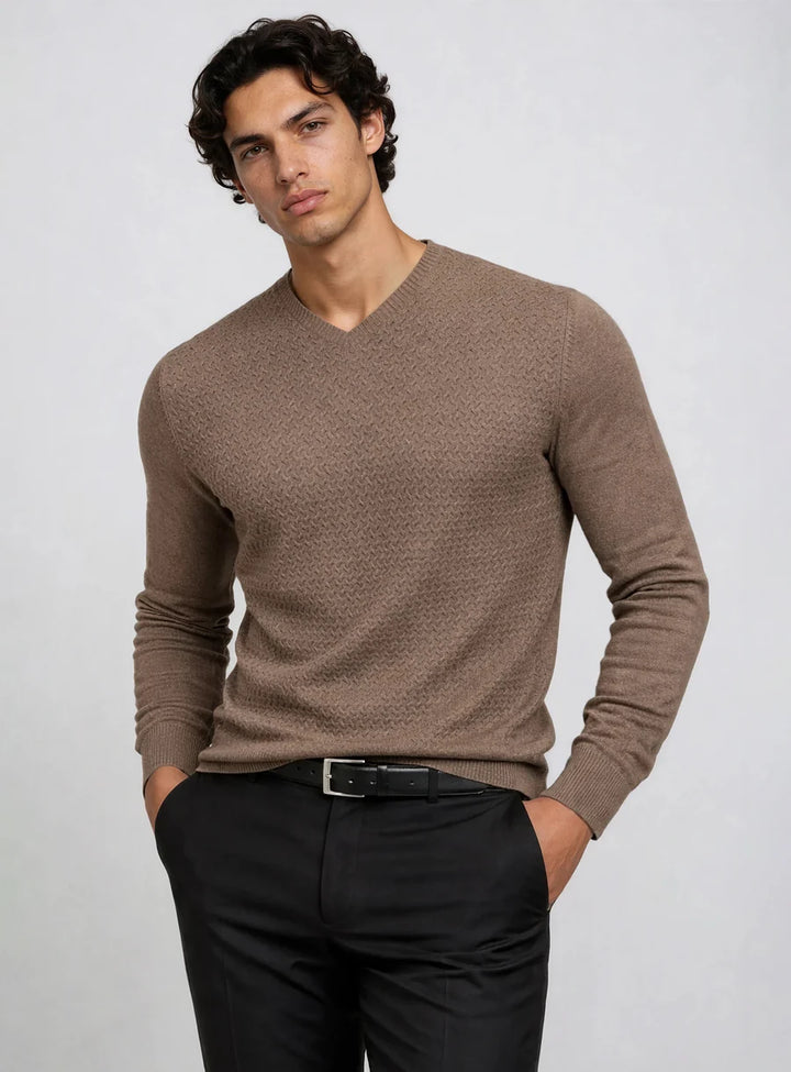 CASHMERE-LIKE KNIT FRONT V-NECK SWEATER "CASHEW"