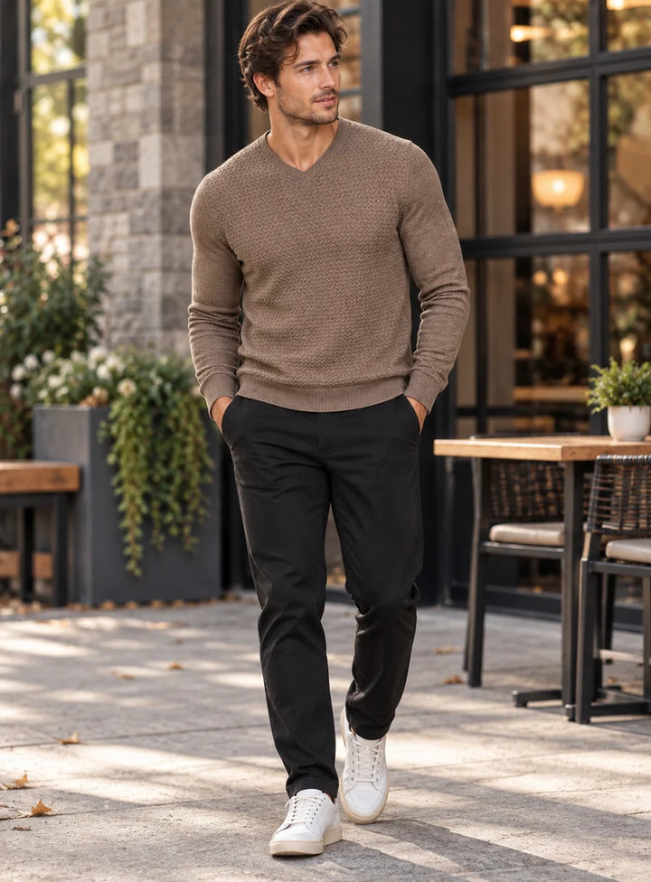 CASHMERE-LIKE KNIT FRONT V-NECK SWEATER "CASHEW"