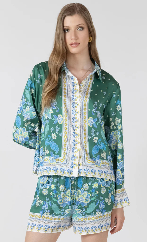 SILKY BUTTON FRONT BLOUSE "POOLSIDE SCARF PRINT"
