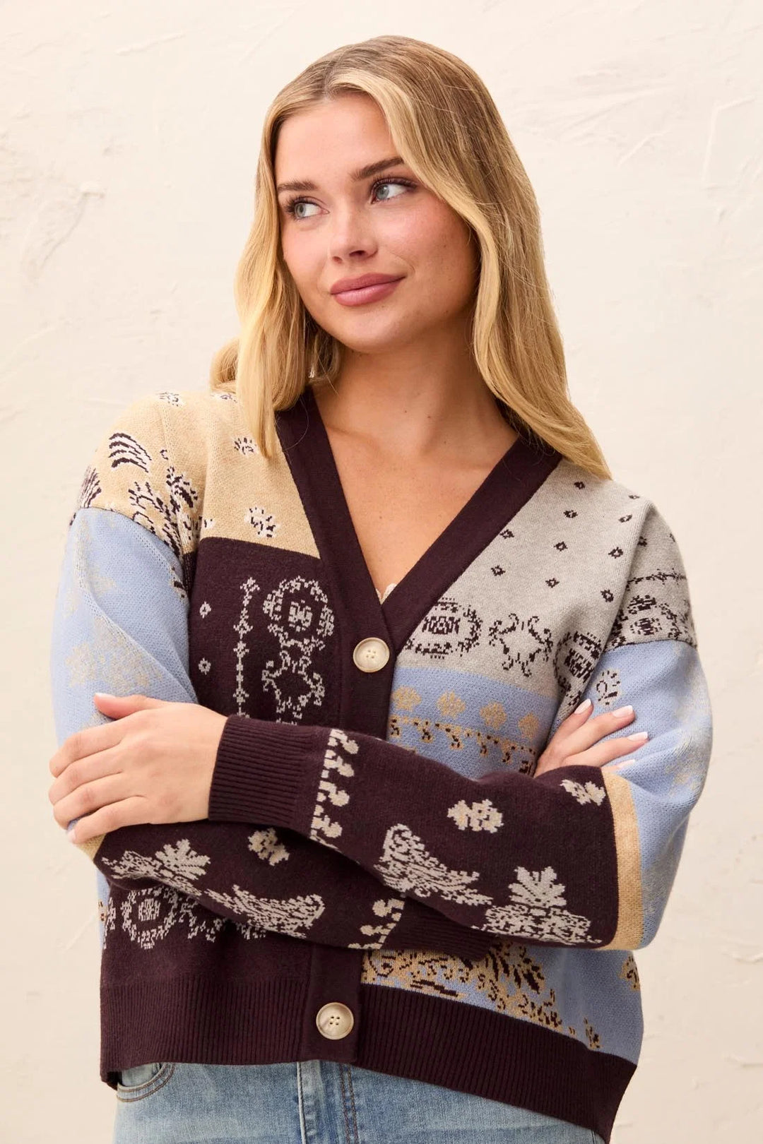 NOVELTY JACQUARD V-NECK SWEATER CARDIGAN "SATINSKY"