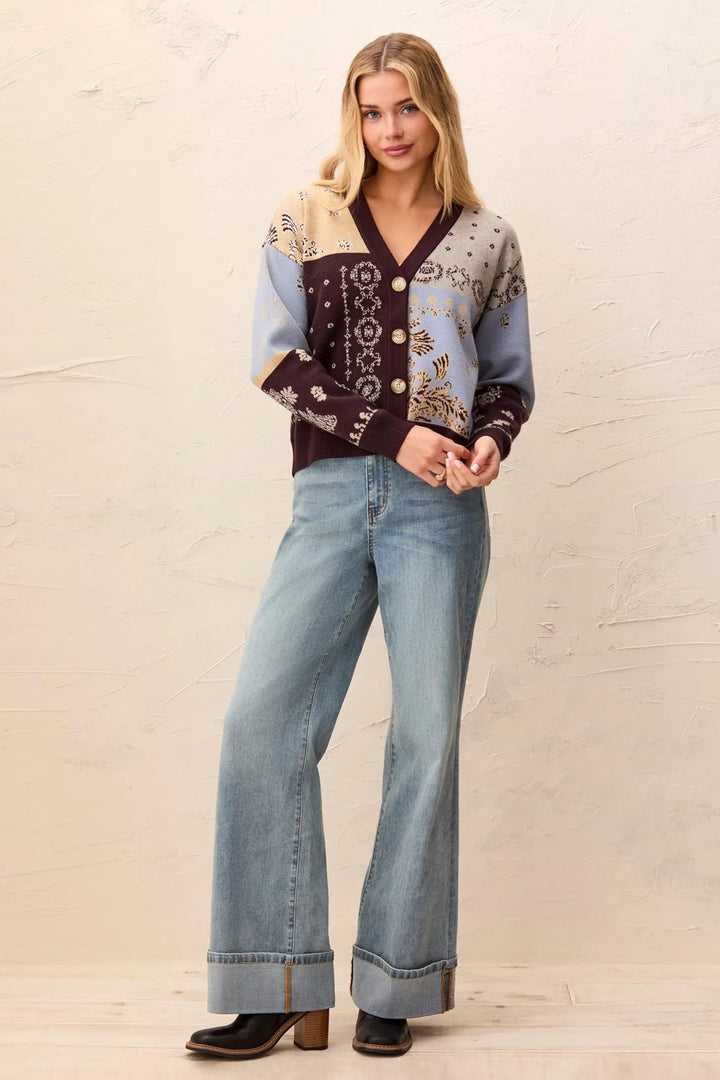 NOVELTY JACQUARD V-NECK SWEATER CARDIGAN "SATINSKY"
