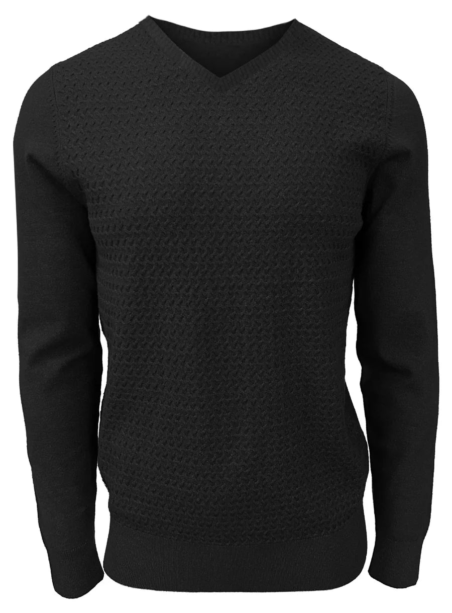 CASHMERE-LIKE KNIT FRONT V-NECK SWEATER "BLACK"