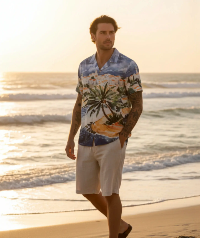 4-WAY STRETCH SHIRT CUBAN COLLAR "EGGSHELL"