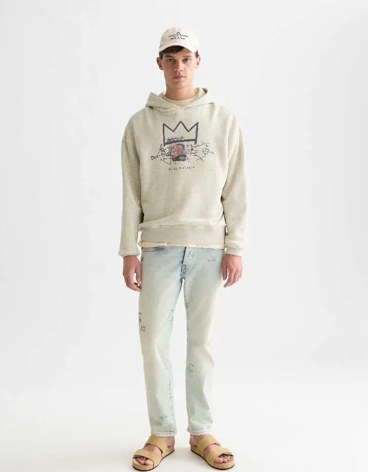 BASQUIAT WASHED ARTWORK RELAXED FIT HOODIE "OATMEAL MELANGE"