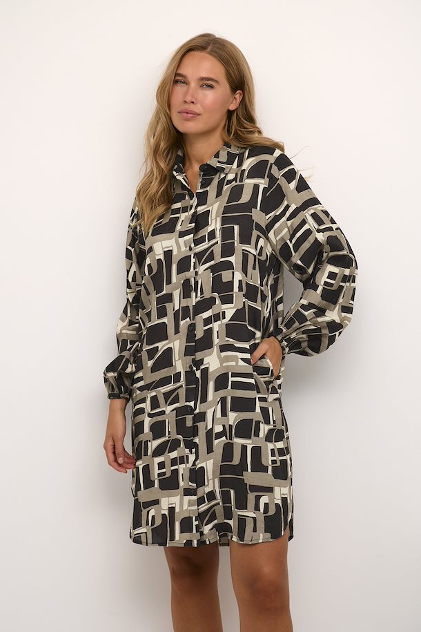 KATANYA SHIRT DRESS - BLACK/BEIGE GRAPHIC PRINT