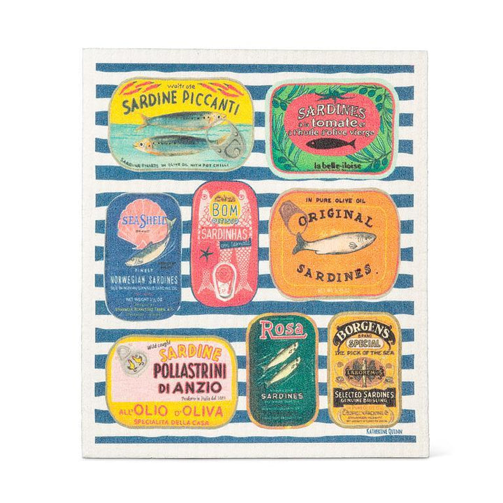 SARDINE TINS ON STRIPES DISHCLOTH 6.75X7.5&