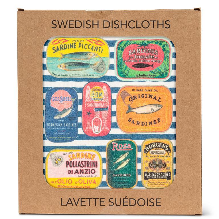 SARDINE TINS ON STRIPES DISHCLOTH 6.75X7.5&