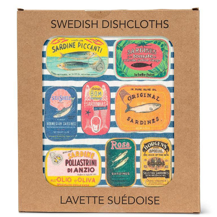 SARDINE TINS ON STRIPES DISHCLOTH 6.75X7.5&