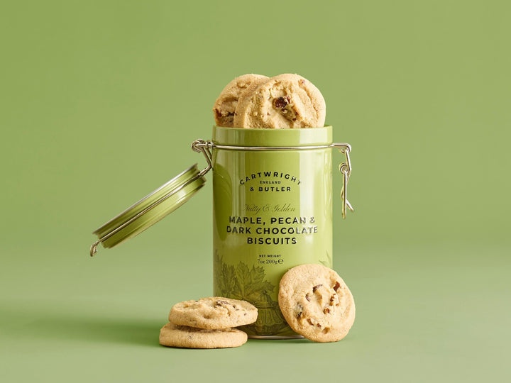 MAPLE &amp; PECAN DARK CHOCOLATE BISCUITS IN TIN 200G
