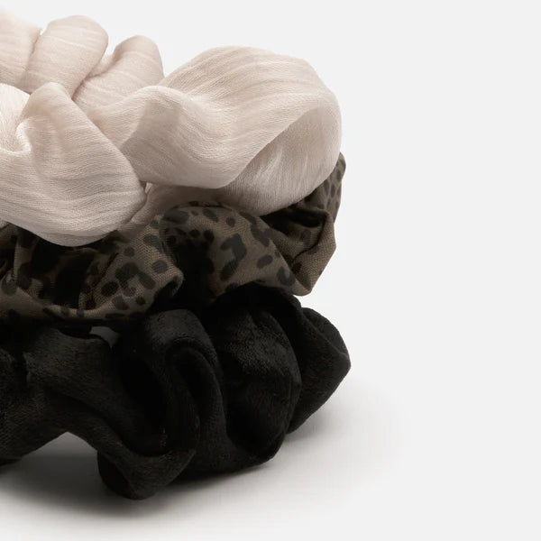 BLACK, IVORY AND LEOPARD SCRUNCHIE TRIO