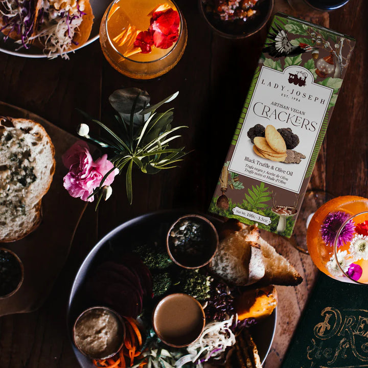 HANDMADE VEGAN BLACK TRUFFLE AND OLIVE OIL CRACKERS 100G