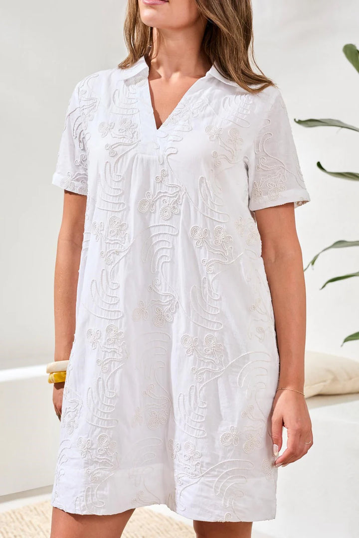 ELBOW SLEEVE V-NECK TUNIC DRESS "WHITE"