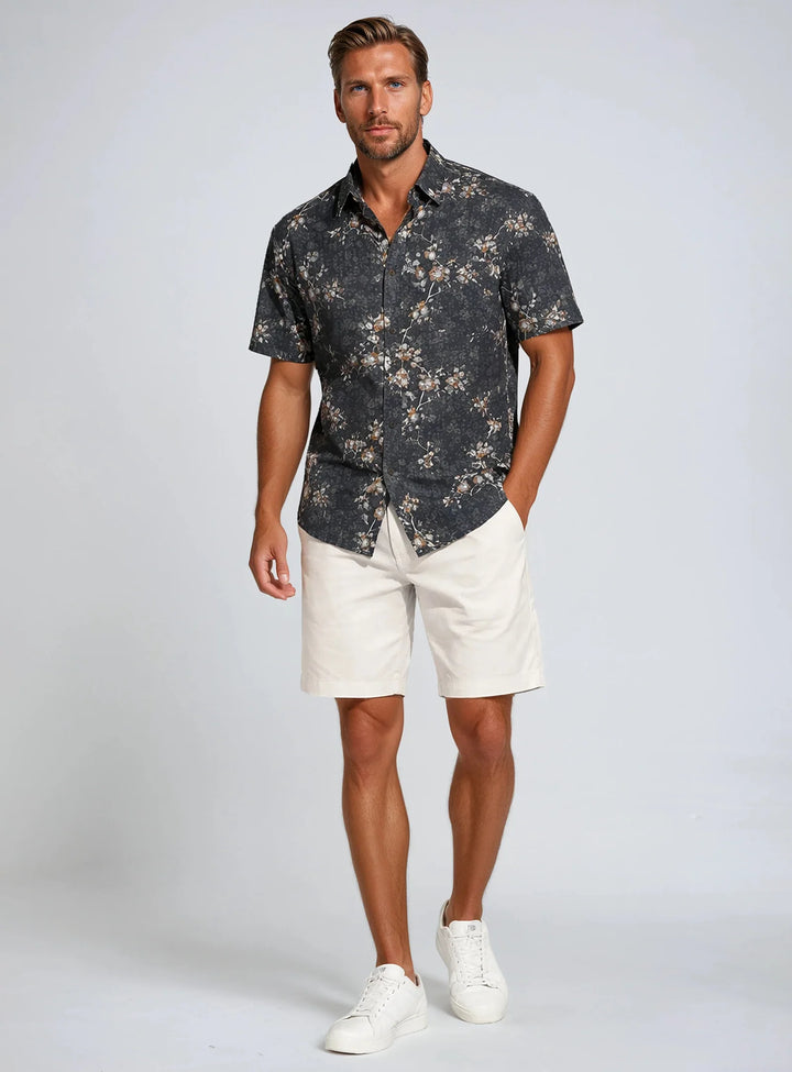 WAGNER - 4 WAY STRETCH CHEST POCKET SHIRT WITH SAKURA PRINT "NAVY"