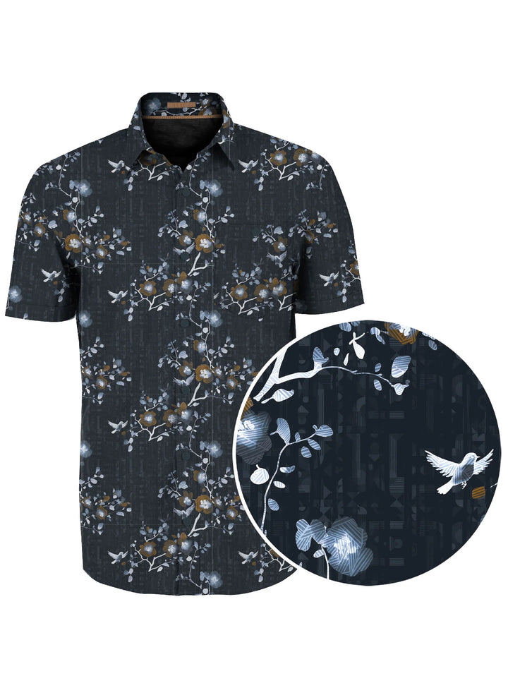 WAGNER - 4 WAY STRETCH CHEST POCKET SHIRT WITH SAKURA PRINT "NAVY"